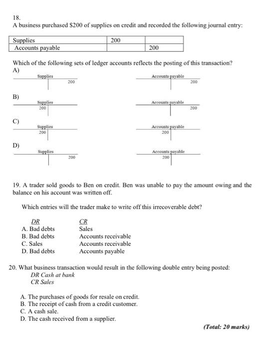 Solved 18. A business purchased 200 of supplies on credit