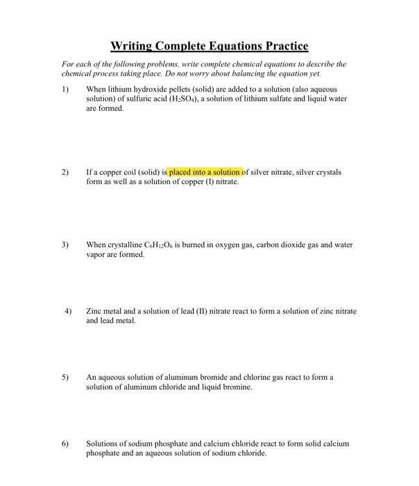 Solved Writing Complete Equations Practice For each of the | Chegg.com