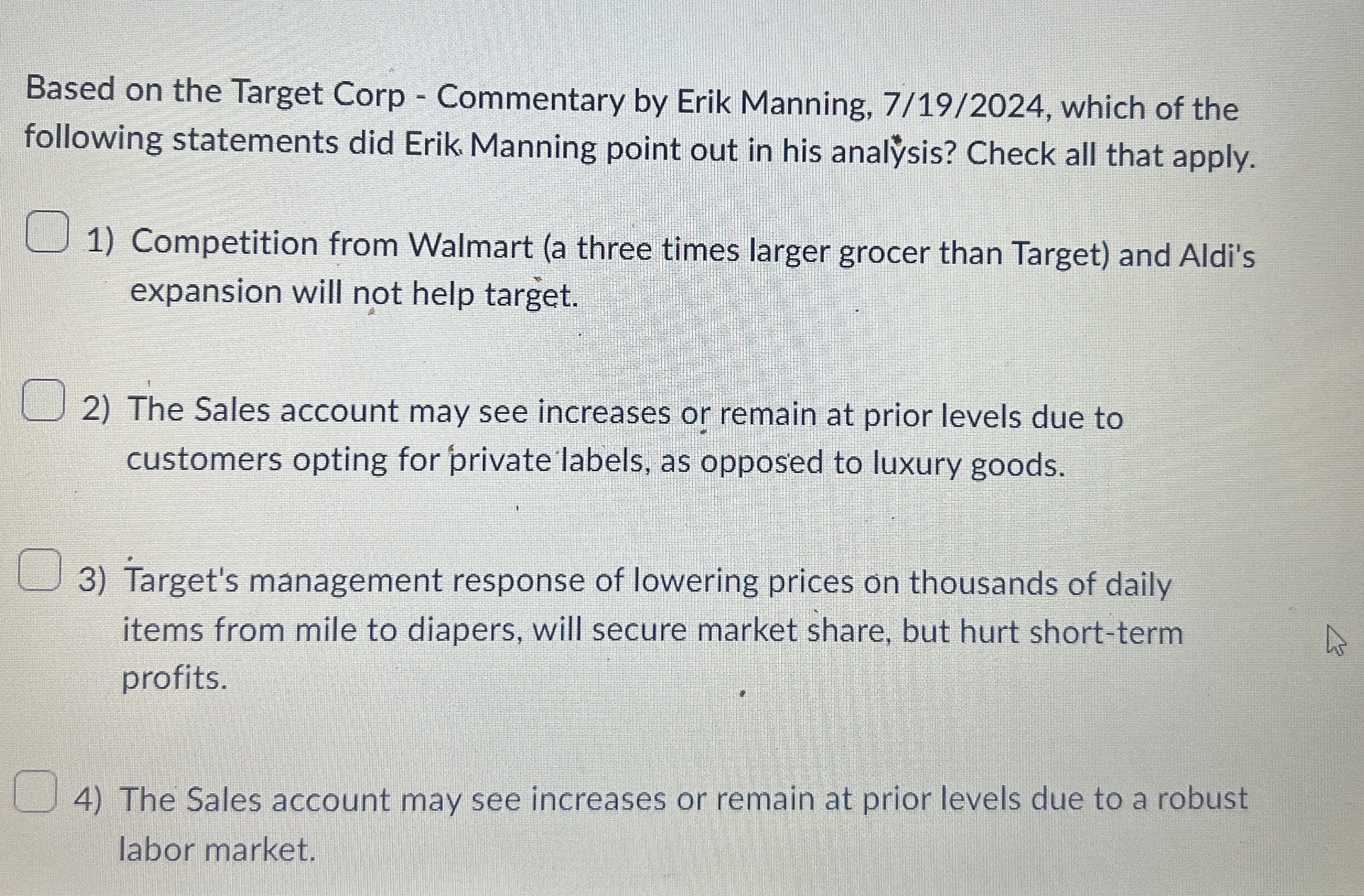 Solved Based on the Target Corp by Erik