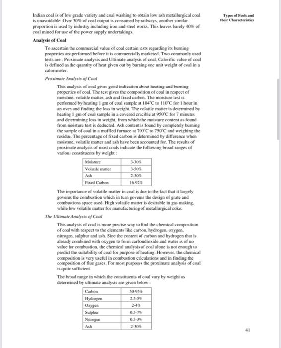 Types of Fucks and
their Characteristics
Indian coal is of low grade variety and coal washing to obtain low ash metallurgical