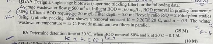 Solved Q2:A// Design a single stage biotower (super rate | Chegg.com