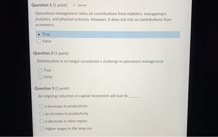 Solved Question 1 (1 point) Saved Operations management | Chegg.com