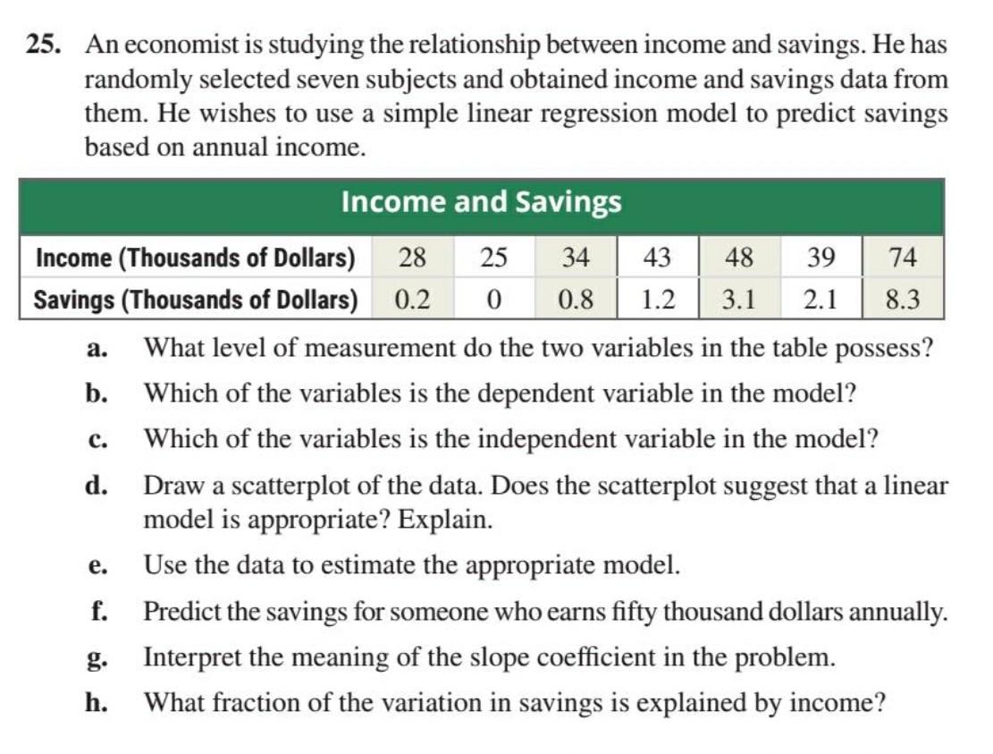 Solved a. 25. An economist is studying the relationship | Chegg.com