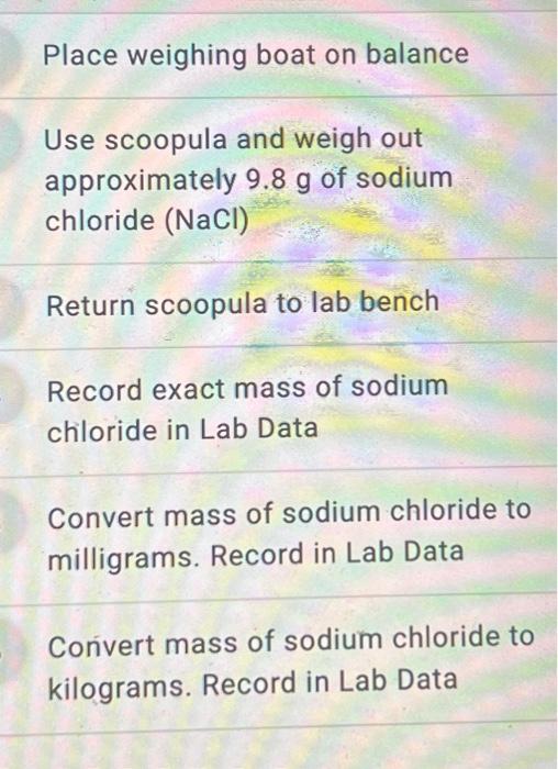 Place weighing boat on balance Use scoopula and weigh