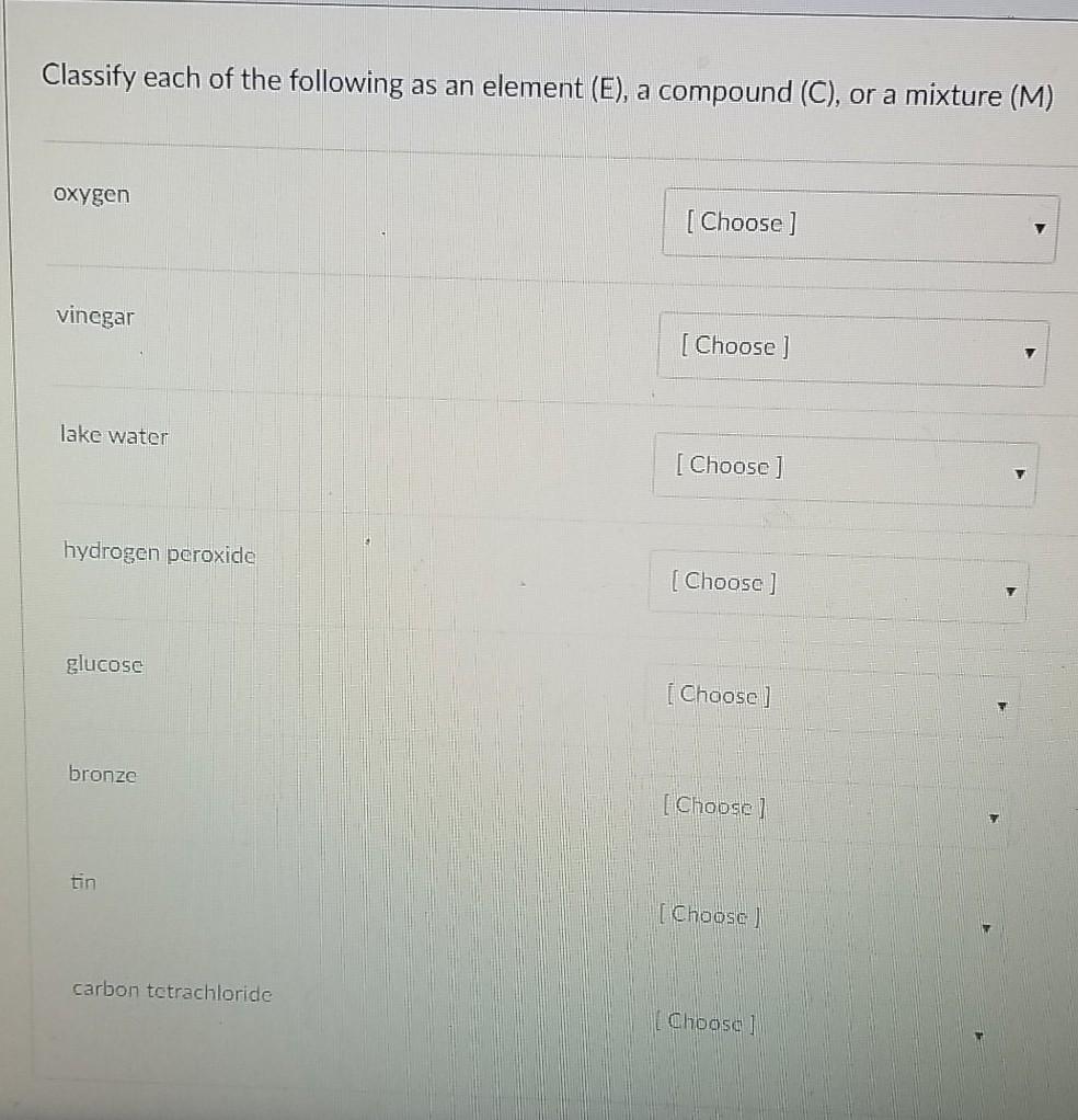Solved Classify each of the following as an element (E), a | Chegg.com