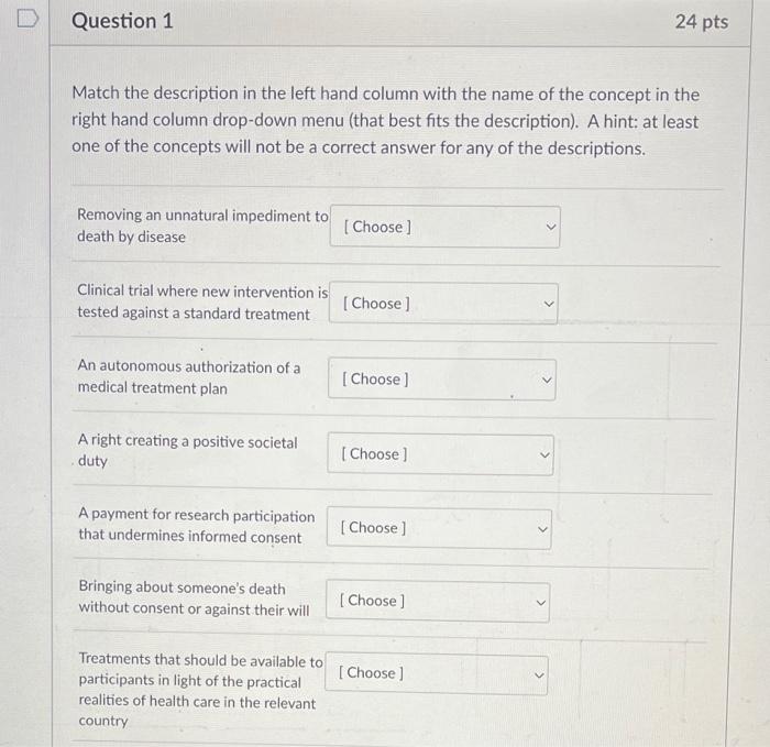 match the description in the left hand column with