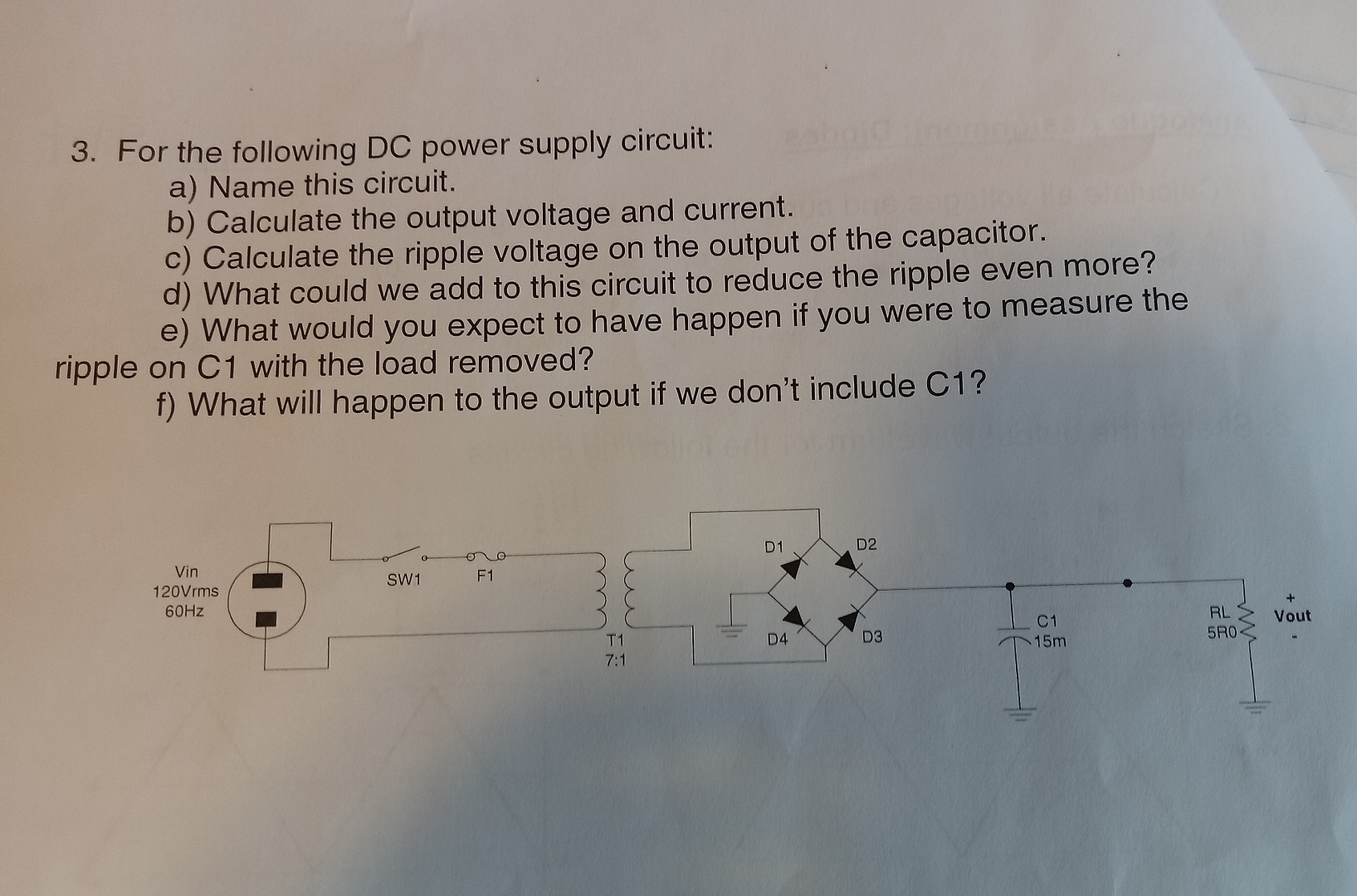 Solved For the following DC power supply circuit:a) ﻿Name | Chegg.com