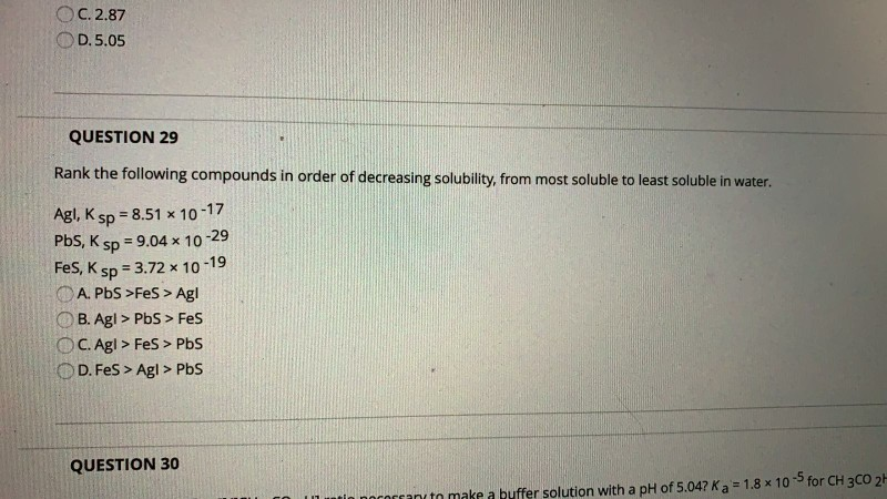 Solved C.2.87 D.5.05 QUESTION 29 Rank the following Chegg