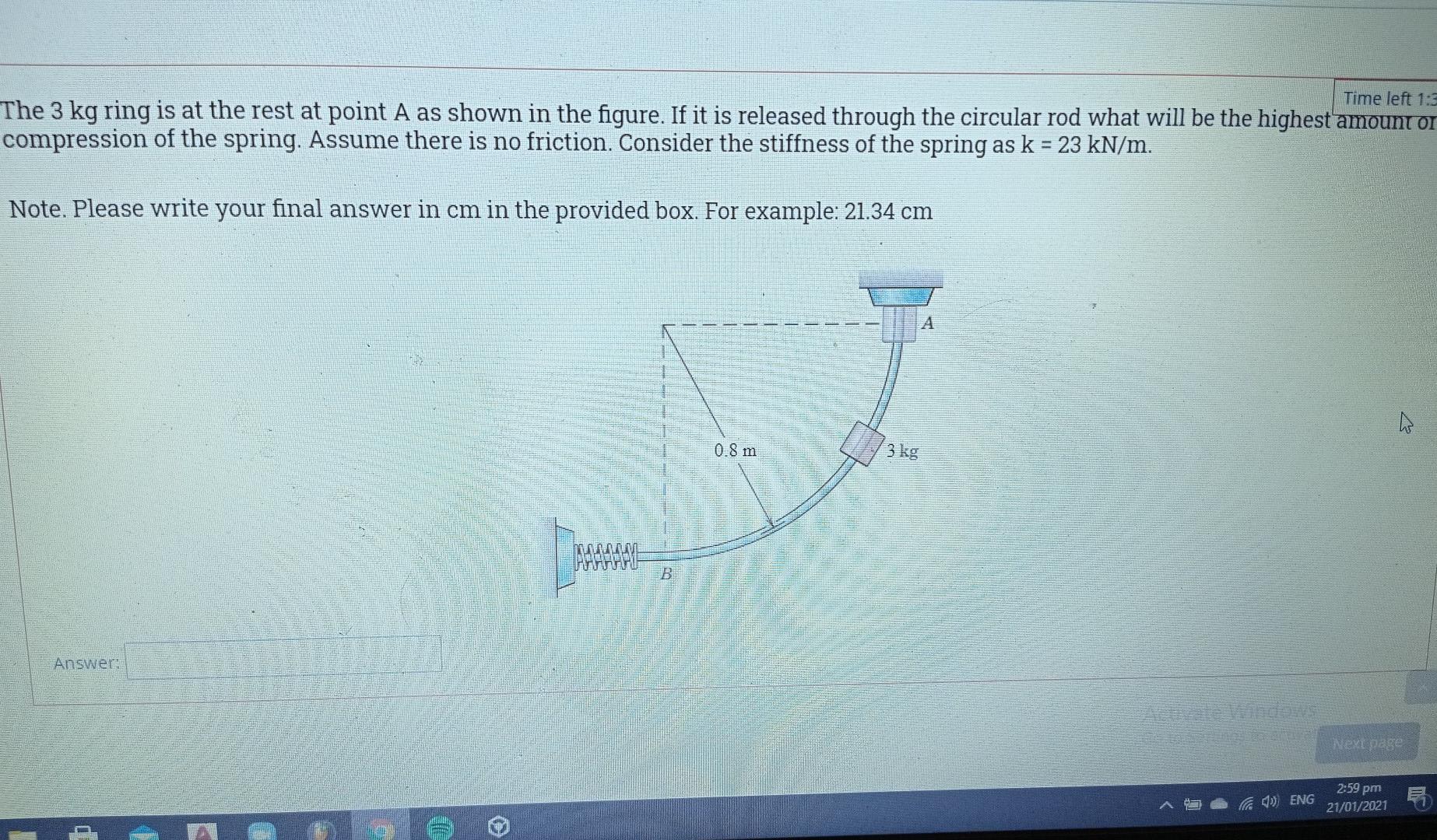 Solved Time left 1:3 The 3 kg ring is at the rest at point A | Chegg.com
