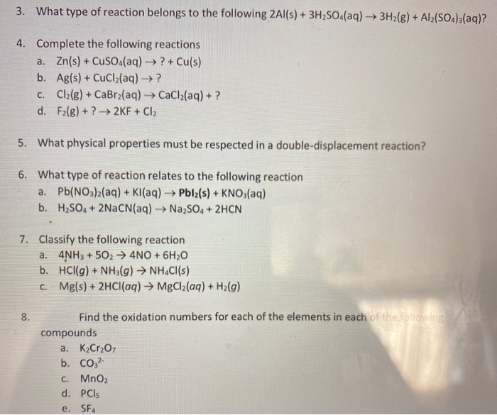 3 What Type Of Reaction Belongs To The Following Chegg 