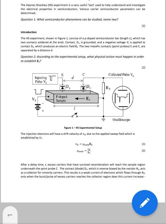 Solved The Haynes-Shockley (HS) experiment is a very useful | Chegg.com