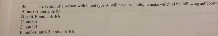 Solved 40. The serum of a person with blood type A will have | Chegg.com