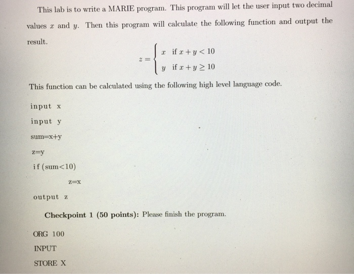 Solved This lab is to write a MARIE program. This program | Chegg.com