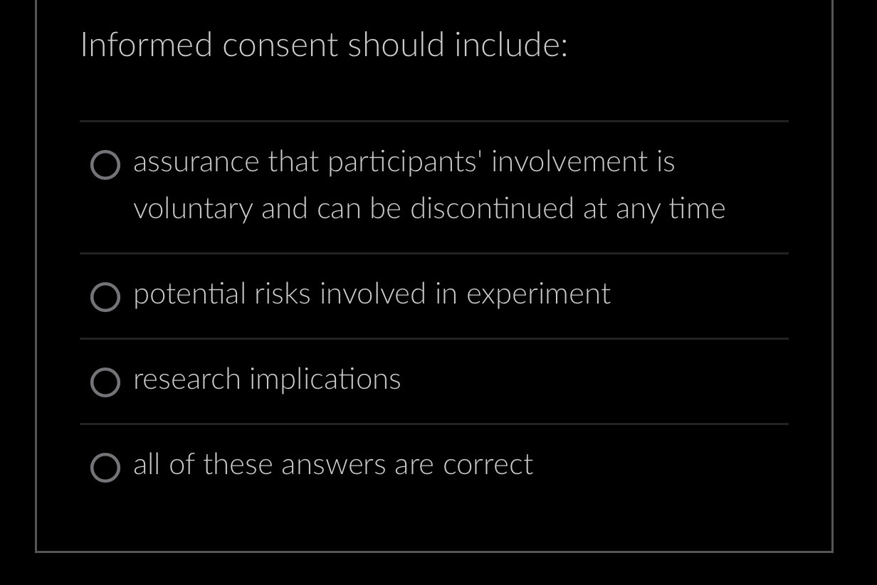 Solved Informed consent should include:assurance that | Chegg.com