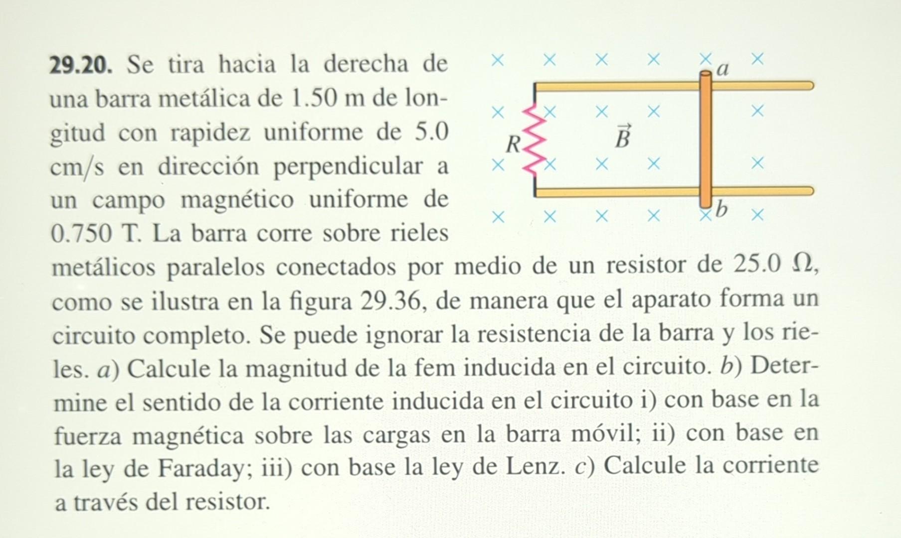 29.20. Se tira hacia la derecha de una barra metálica de \( 1.50 \mathrm{~m} \) de lon-gitud con rapidez uniforme de 5.0 \( \