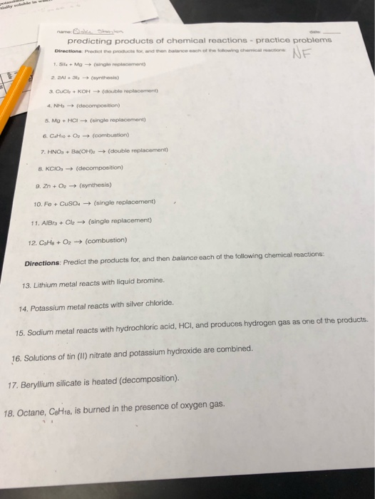 Predicting Products Of Chemical Reactions Practice Problems Worksheet Answers