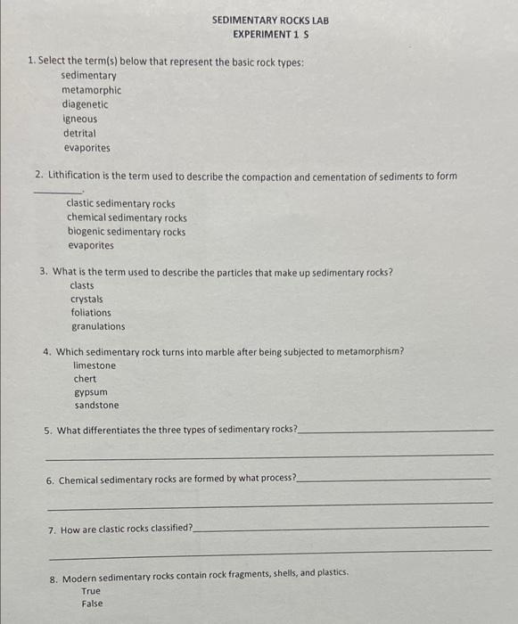 Solved SEDIMENTARY ROCKS LAB EXPERIMENT1 S 1. Select the | Chegg.com