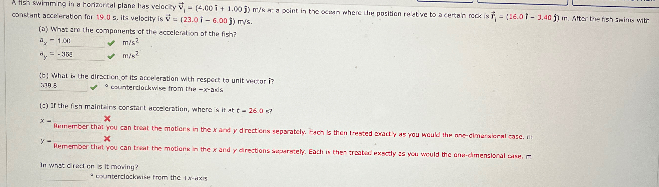 Solved A fish swimming in a horizontal plane has velocity | Chegg.com
