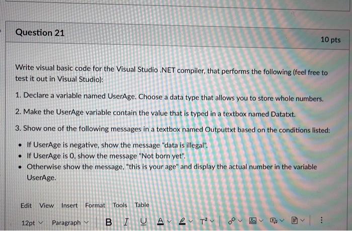 Solved Question 21 10 pts a Write visual basic code for the 