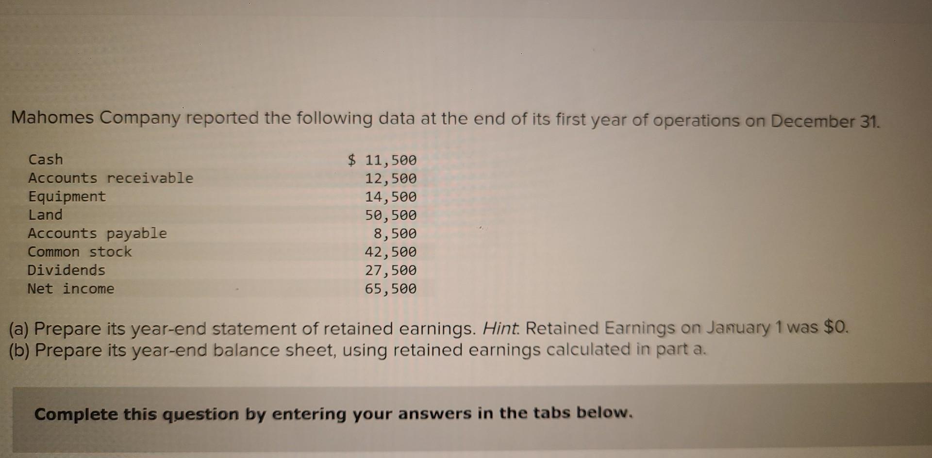Solved Mahomes Company reported the following data at the