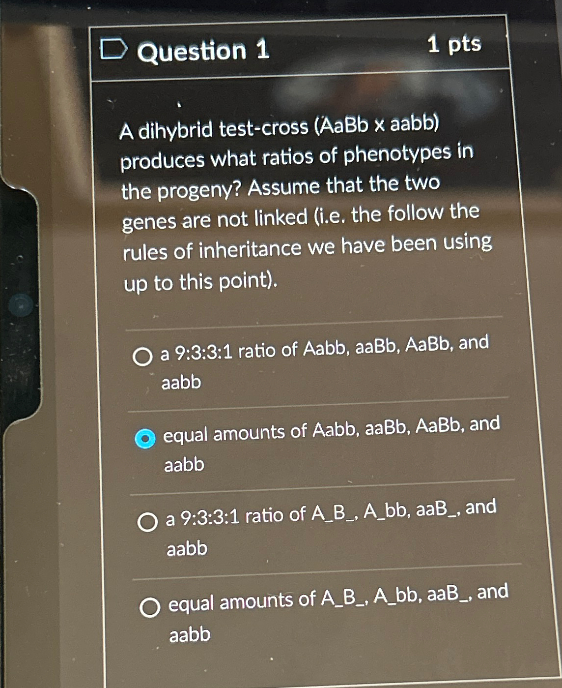 Solved Question 11 ﻿ptsA dihybrid test-cross ( ﻿AaBb× ﻿aabb) | Chegg.com