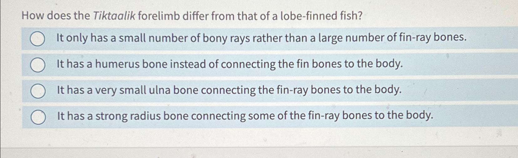 Solved How does the Tiktaalik forelimb differ from that of a | Chegg.com