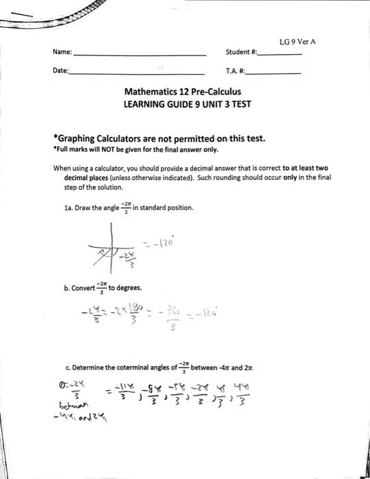 Solved Mathematics 12 Pre-Calculus LEARNING GUIDE 9 UNIT 3 | Chegg.com