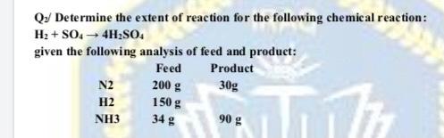 Qy Determine the extent of reaction for the following chemical reaction: H2+ SO4 → 4H2SO4 given the following analysis of fee
