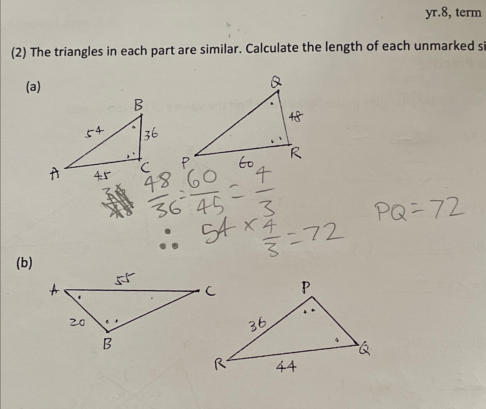 yr. 8, ﻿term (2) ﻿The triangles in each part are | Chegg.com