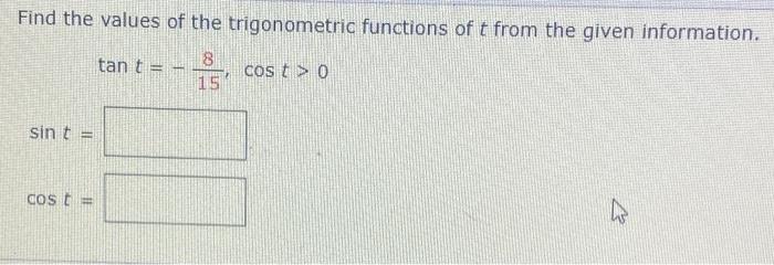 Solved Find the values of the trigonometric functions of t | Chegg.com