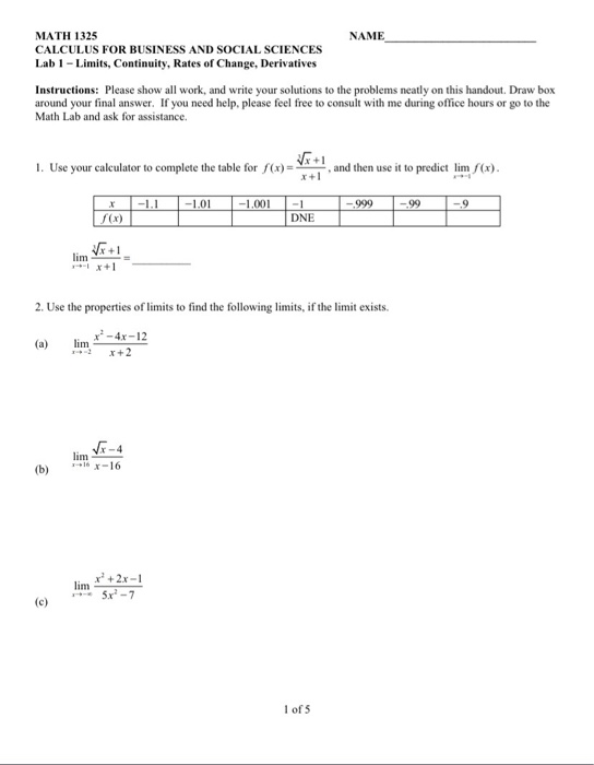 Solved MATH 1325 NAME CALCULUS FOR BUSINESS AND SOCIAL