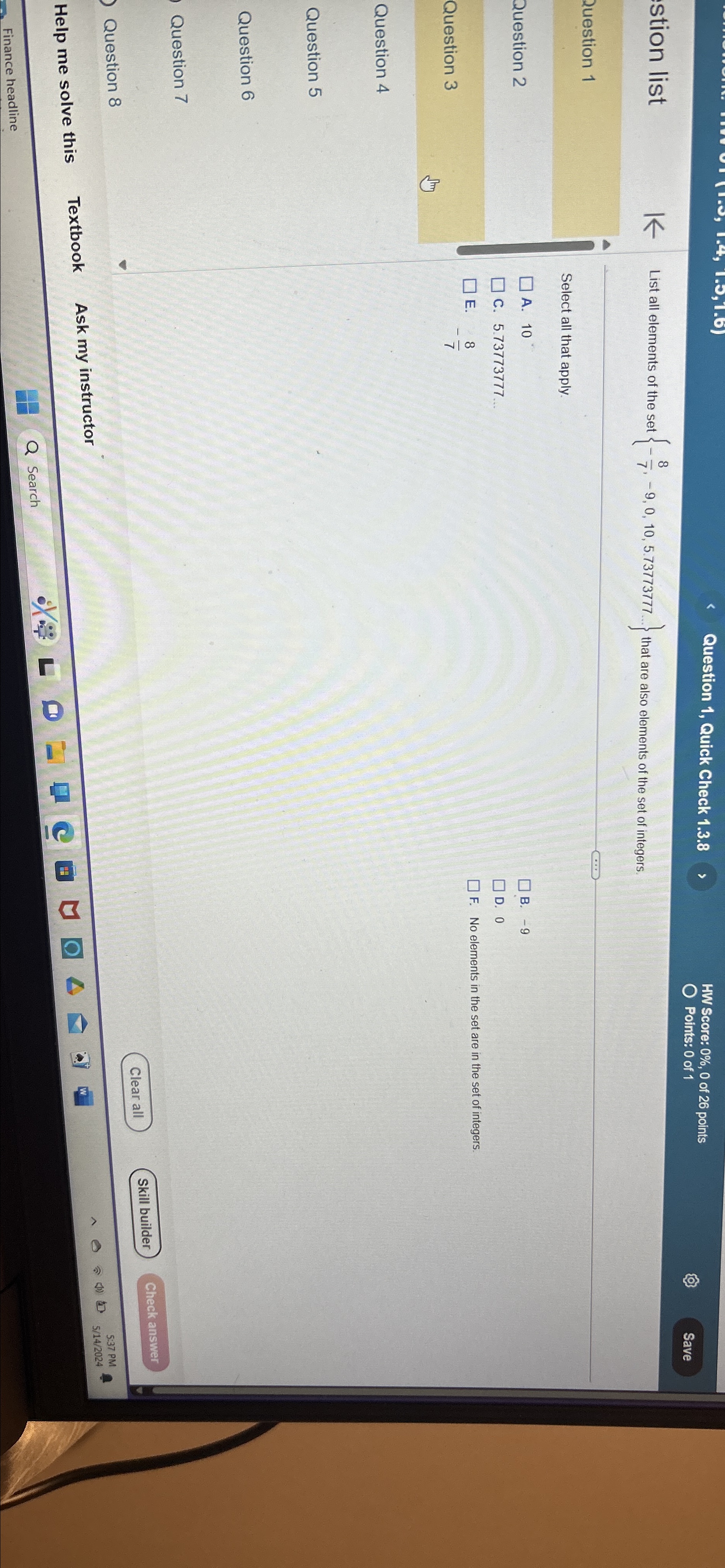 Solved Question 1, ﻿Quick Check 1.3.8HW Score: 0%,0 ﻿of 26 | Chegg.com