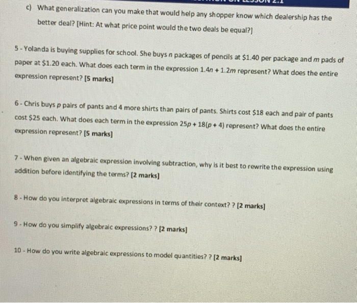 Solved 1 - Write an algebraic expression of each of the | Chegg.com