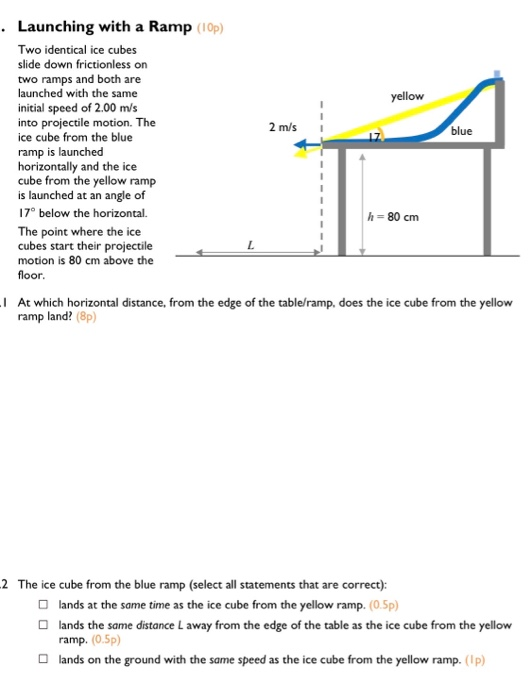 Solved yellow 2 m/s blue • Launching with a Ramp (10p) Two | Chegg.com