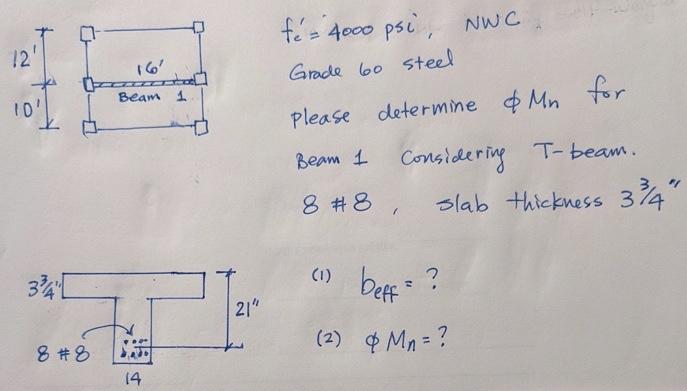 Solved NWC 12 Beam 1 10 Fé= 4000 Psi, Grade 60 Steel Please | Chegg.com