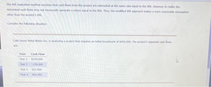 The IRR evaluation method assumes that cash flows | Chegg.com