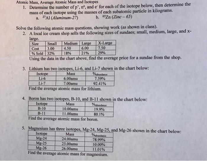 Solved Atomic Mass Average Atomic Mass And Isotopes 1 D Chegg Com