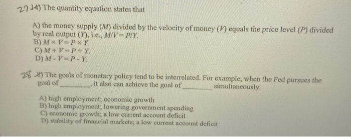 22 14the Quantity Equation States That A The Money Chegg Com
