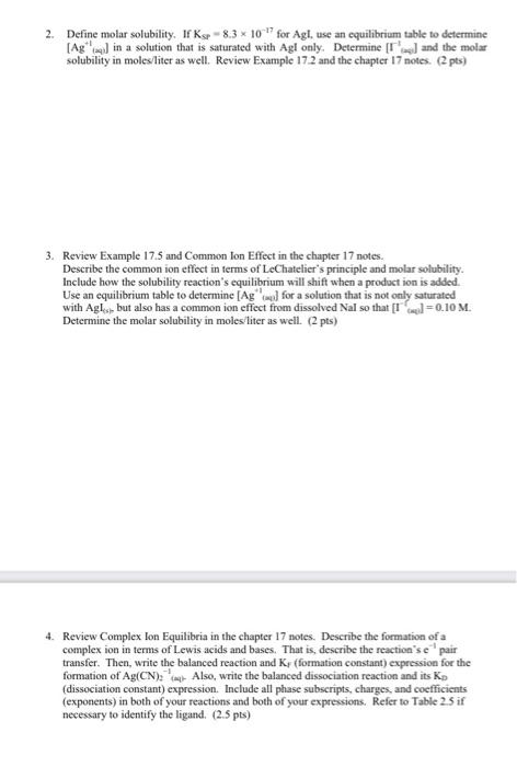 Solved 2. Define molar solubility. If Kg 8.3 10