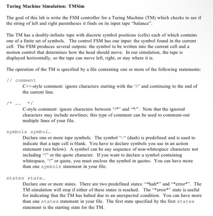 Solved Turing Machine Simulation: TMSim The goal of this lab | Chegg.com
