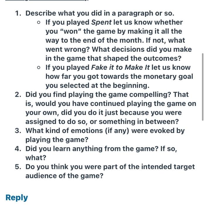 Spent is an online, interactive game developed by | Chegg.com