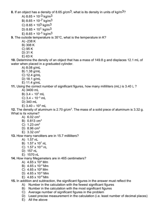 8 If An Object Has A Density Of 8 65 G Cm3 What Is Chegg Com