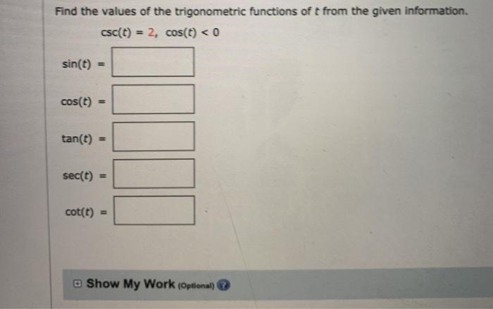 Solved Find The Values Of The Trigonometric Functions Of T | Chegg.com