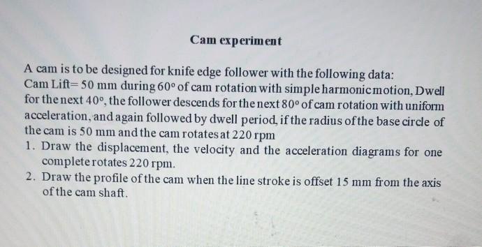 Solved Cam experiment A cam is to be designed for knife edge | Chegg.com