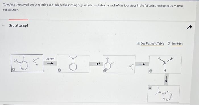 Complete the curved arrow notation and include the missing organic intermediates for each of the four steps in the following 