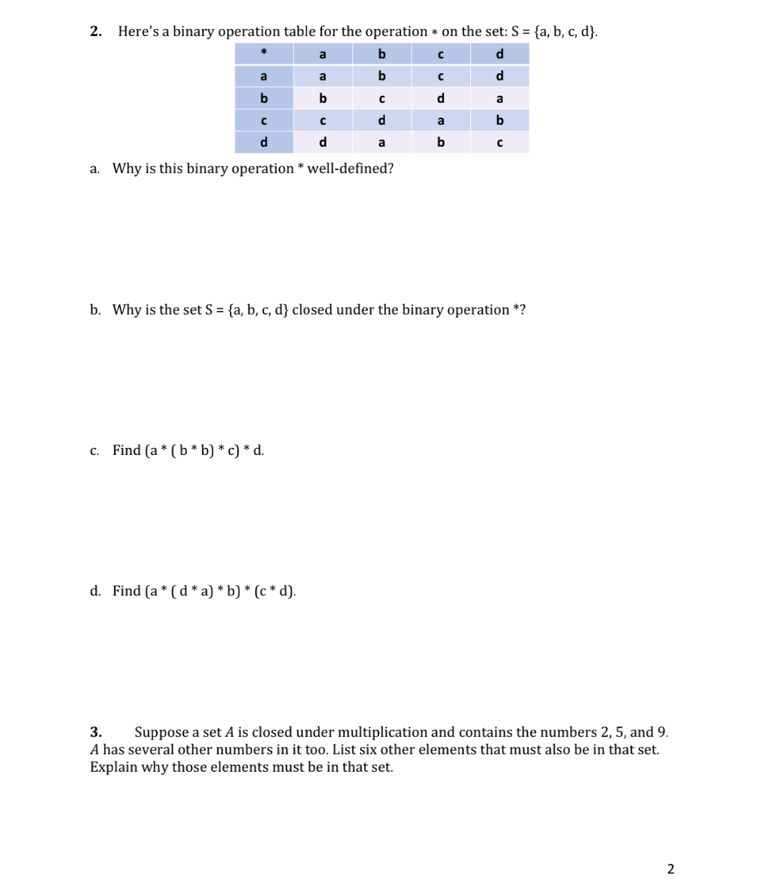 Solved 2. Here's a binary operation table for the operation | Chegg.com