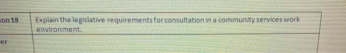 on 18 Explain the legislative requirements for consultation in a community services work environment. er