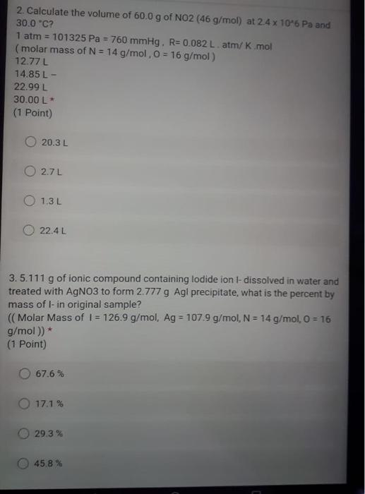 Solved 2. Calculate the volume of 60.0 g of NO2 46 g mol Chegg