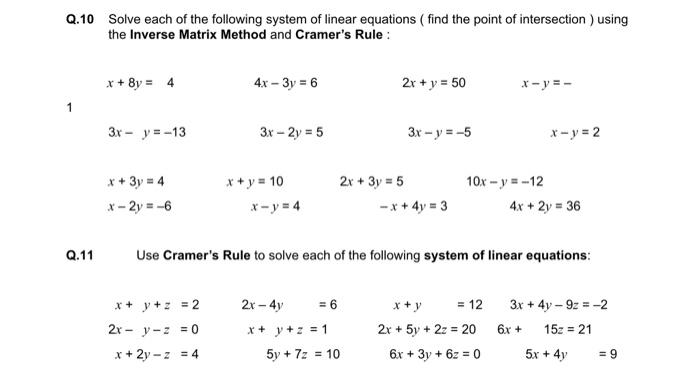 Solved 1 Q.11 Solve Each Of The Following System Of Linear 