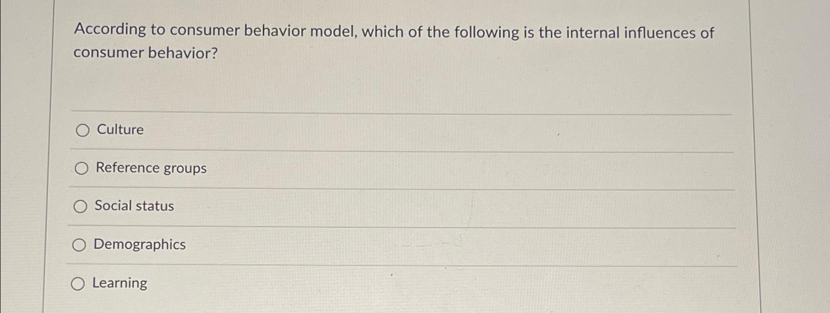 Solved According To Consumer Behavior Model, Which Of The | Chegg.com